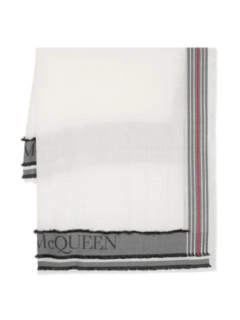 Alexander McQueen logo-intarsia frayed wool blend scarf White 7761103773Q