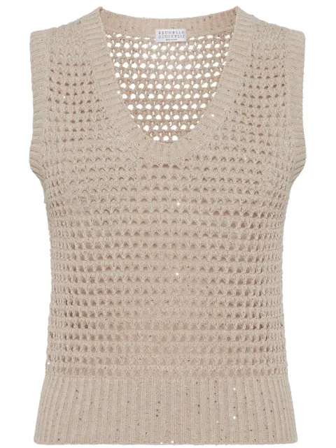 Brunello Cucinelli sequin-embellished open-knit vest Neutrals MDV796800C059