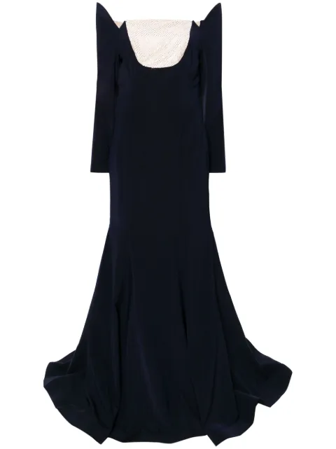 BAZZA ALZOUMAN off-shoulder satin fishtail gown Blue BAZAW23D16