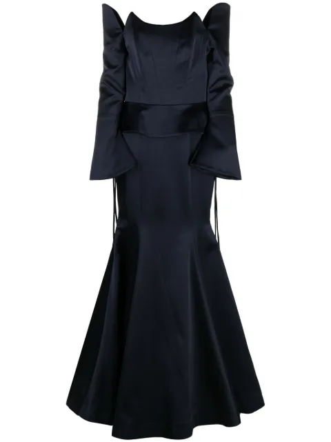BAZZA ALZOUMAN off-shoulder satin fishtail gown Blue BAZAW23D09
