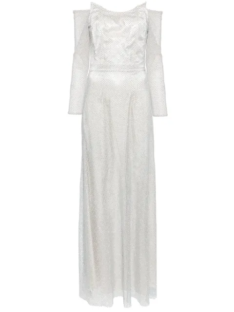BAZZA ALZOUMAN rhinestone-embellished off-shoulder gown Silver BAZAW23D04