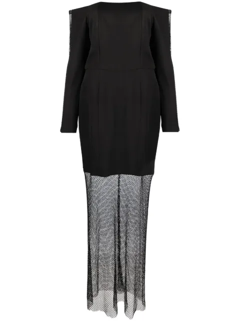 BAZZA ALZOUMAN rhinestone-embellished off-shoulder gown Black BAZAW23D11