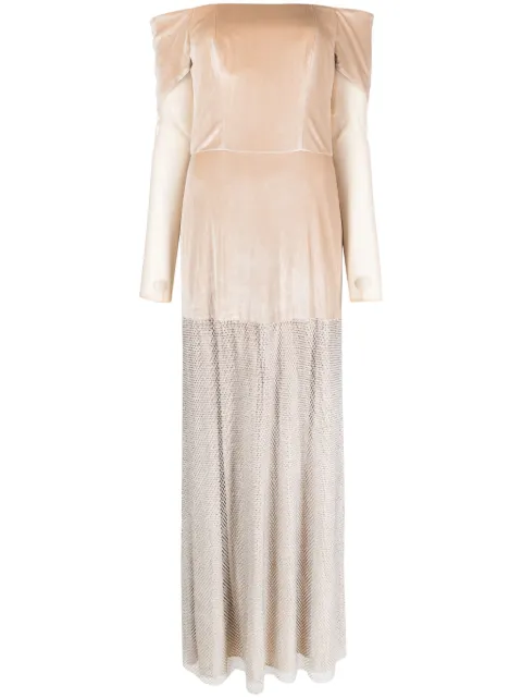 BAZZA ALZOUMAN off-shoulder rhinestone-embellished gown Neutrals AW23D05