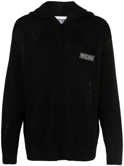Moschino logo-patch open-knit hoodie Black A09052001