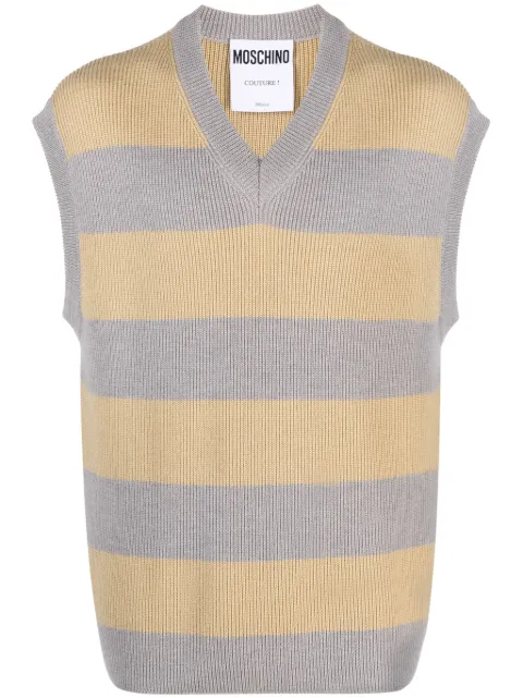 Moschino logo-patch striped virgin-wool vest Grey A09312000