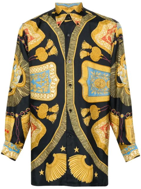 Hermès Pre-Owned 1990s tassel-print silk button-down shirt Black HER900DK