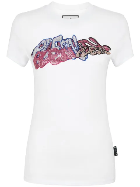 Philipp Plein crystal-embellished graffiti-logo T-shirt White PADCWTK3160PJY002N