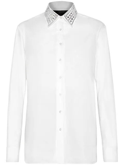Philipp Plein crystal embellished-collar cotton shirt White PADCWRP0461PTE003N