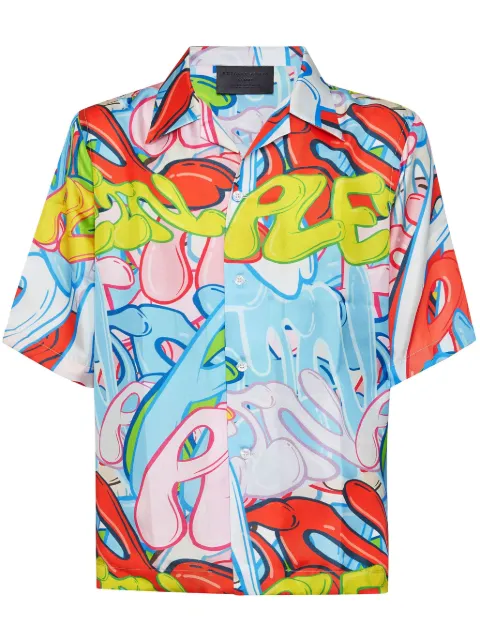 Philipp Plein Bombing Graffiti silk shirt Blue PADCMRP2271PTE028N