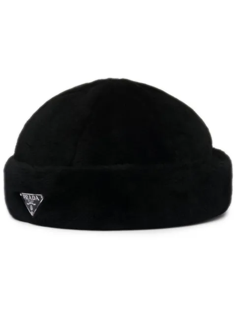 Prada triangle-logo shearling hat Black 2HC1682EC9