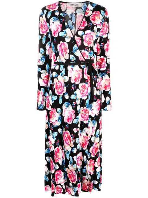 DVF Diane von Furstenberg Anika rose-print midi wrap dress Black DVFDW4R007