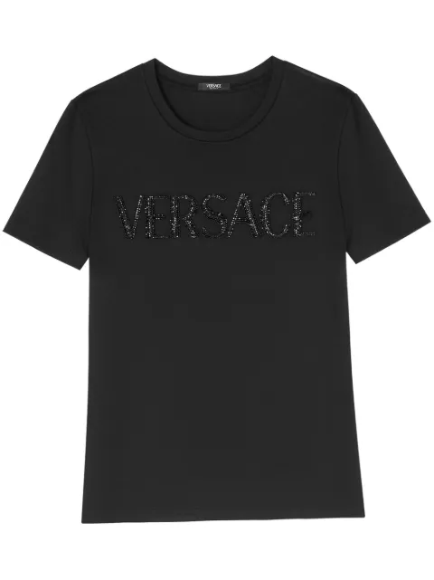 Versace logo crystal-embellished cotton T-shirt Black 10142691A01178