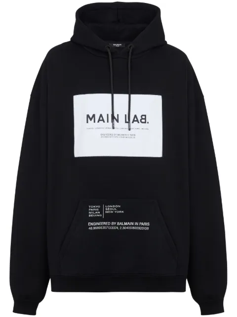 Balmain logo-patch cotton-blend hoodie Black CH6JT210ME52