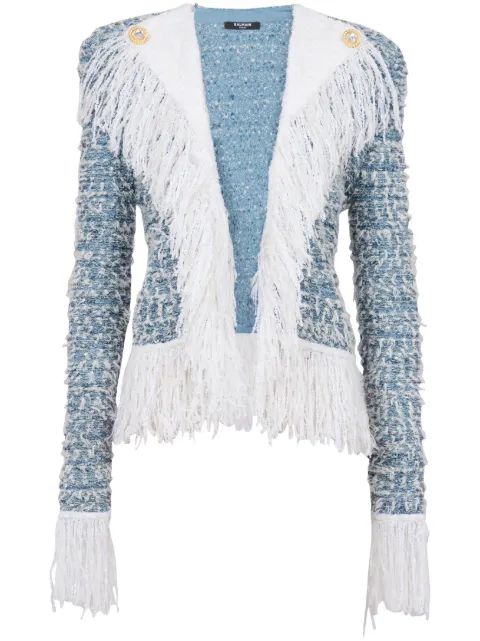 Balmain fringed denim tweed jacket Blue CF1SK056KF88