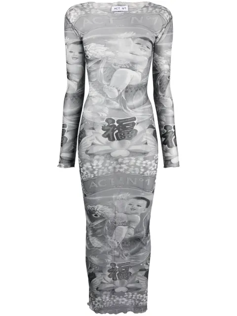 ACT Nº1 graphic-print semi-sheer dress Grey FWD2301