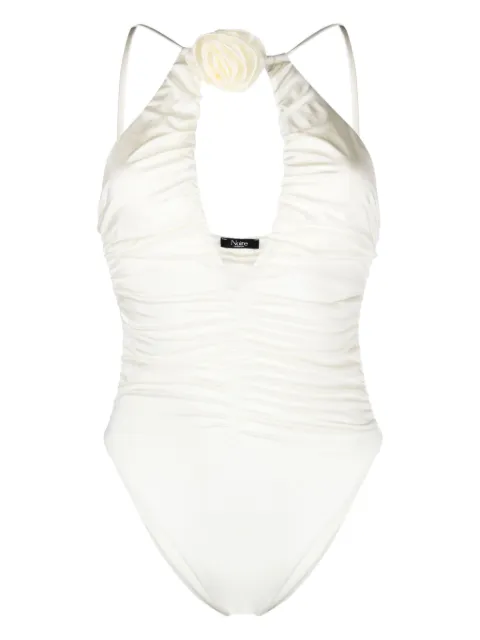 Noire Swimwear floral-appliqué ruched swimsuit White NSW383