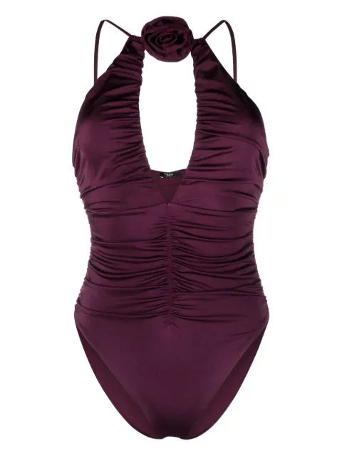 Noire Swimwear floral-appliqué ruched swimsuit Purple NSW383