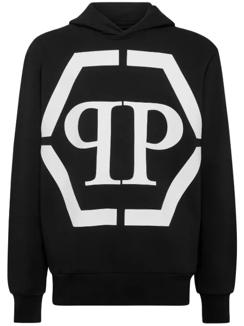 Philipp Plein logo-print cotton-blend hoodie Black LABCMJB2710PJY002N