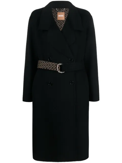 BOSS monogram-jacquard belt wool-blend coat Black 50499811