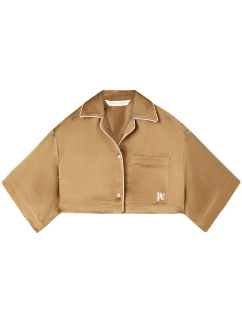Palm Angels monogram-embroidered satin cropped shirt Neutrals PWGG003S24FAB0036103