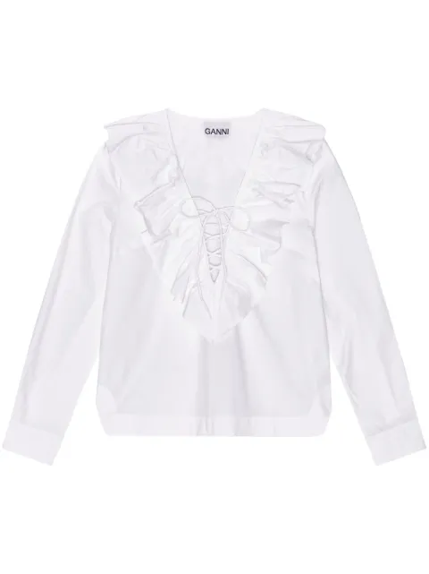 GANNI ruffle collar organic cotton blouse White F8701