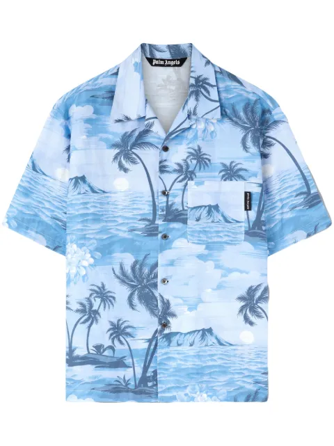 Palm Angels Sunset-print linen-blend shirt Blue PMGG005S24FAB0034949