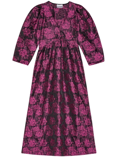 GANNI botanical-jacquard puff-sleeves midi dress Pink F8591