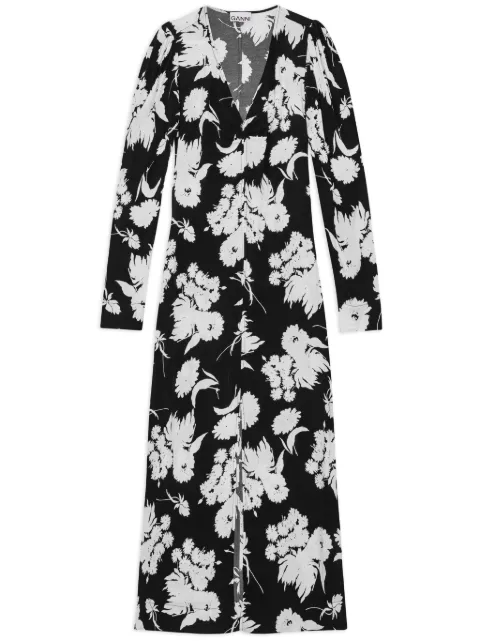 GANNI floral-print long-sleeve midi dress Black F9013