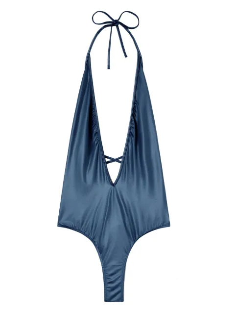 Palm Angels metallic V-neck swimsuit Blue PWFC007S24FAB0014949