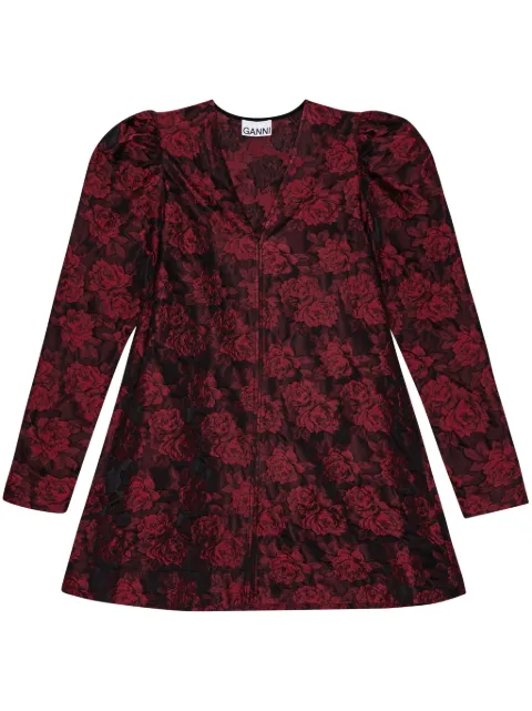 GANNI botanical-print jacquard long-sleeve minidress Red F8592