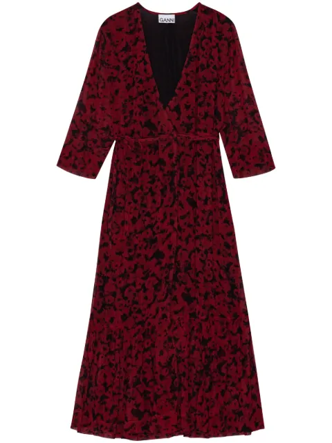GANNI botanical-print wrap midi dress Red F8722