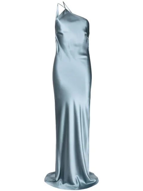 Michelle Mason one-shoulder bias silk gown Blue M9363