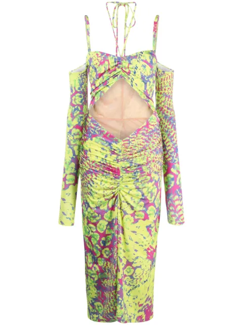 Versace Jeans Couture abstract-print off-shoulder midi dress Yellow 76HAO901JS282