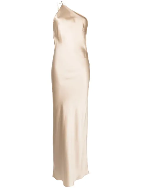 Michelle Mason one-shoulder bias silk gown Gold M9363