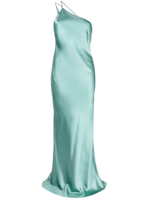 Michelle Mason one-shoulder bias gown Green M9363