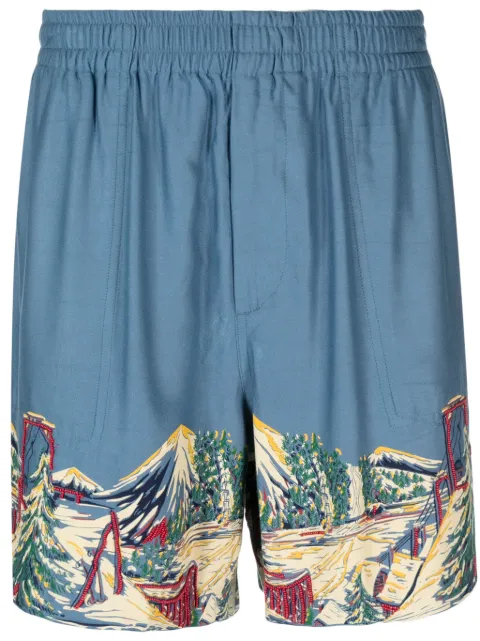 BODE beaded graphic-print deck shorts Blue MRBT071