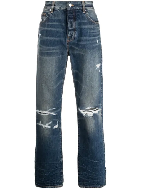 AMIRI logo-patch ripped-detailing straight-leg jeans Blue AW23MDF003