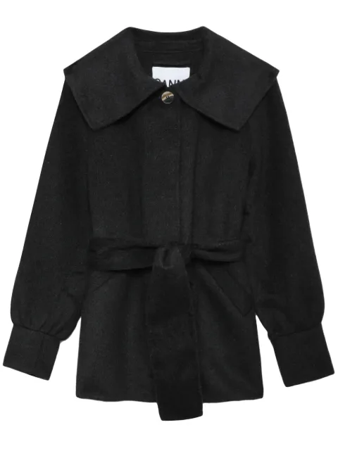 GANNI belted-waist wool-blend jacket Black F8486