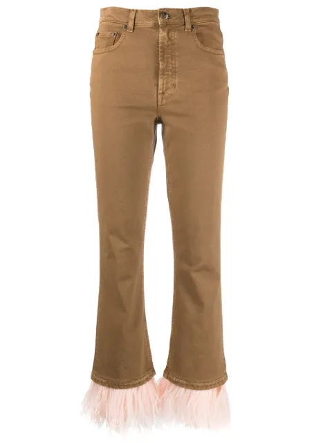La DoubleJ Fancy feather-trim cropped jeans Brown TRO0097DEN008SOLIDGR07