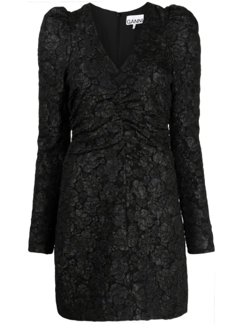 GANNI floral-jacquard V-neck dress Black F8497