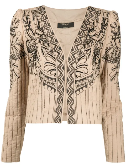 TWINSET graphic-embroidered quilted jacket Brown 232TP2670
