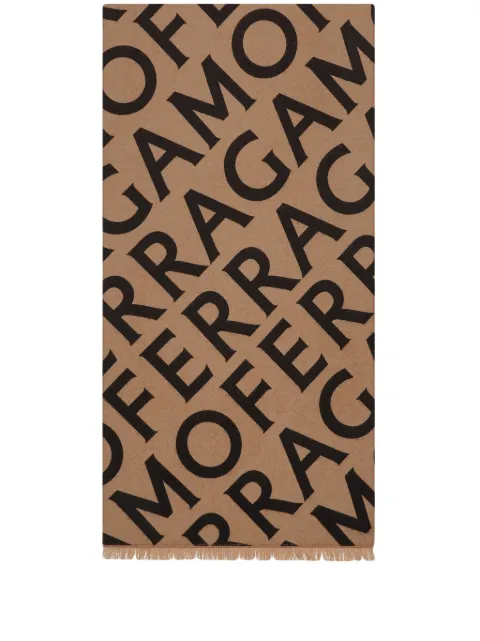 Ferragamo logo intarsia-knit fringed scarf Neutrals 770198