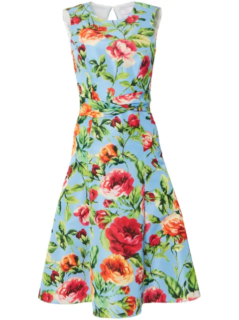Carolina Herrera rose-print twist-detail flared dress Blue R2411N525RFF