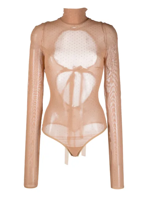 Nensi Dojaka crystal-embellished mesh bodysuit Neutrals NDAW23TOP057