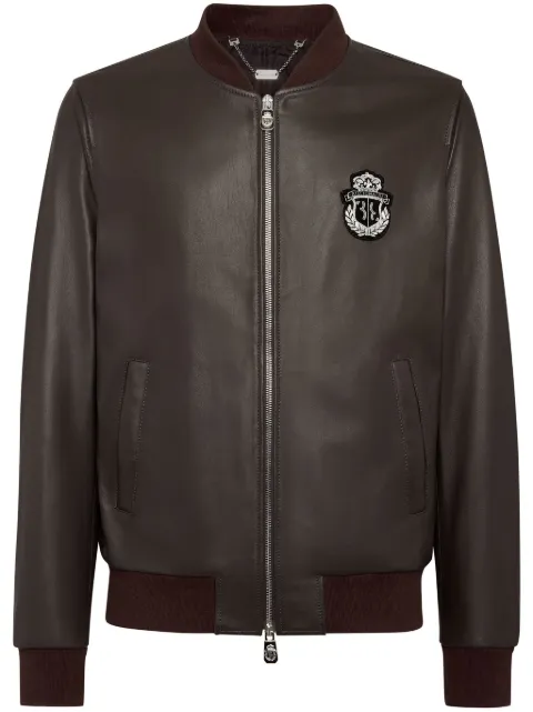 Billionaire logo-patch leather bomber jacket Brown BADCMLB1830BLE029N