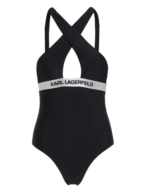 Karl Lagerfeld logo-waistband halterneck swimsuit Black 240W2220999
