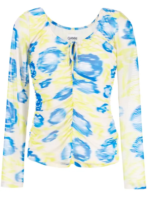 GANNI floral-print ruched mesh top Multicolour T3469
