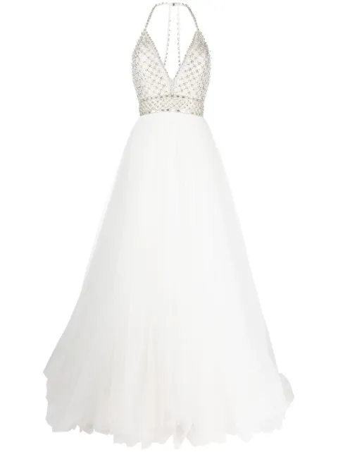 Jenny Packham Eva crystal-embellished halterneck gown White JPB945GT