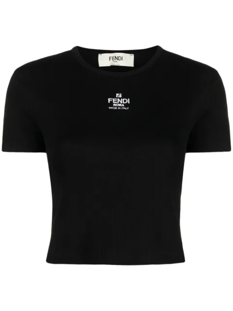FENDI logo-embroidered cropped cotton-blend T-shirt Black FS8110ANQM