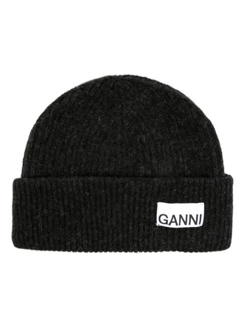 GANNI dark grey fitted wool rib knit beanie Black A5118